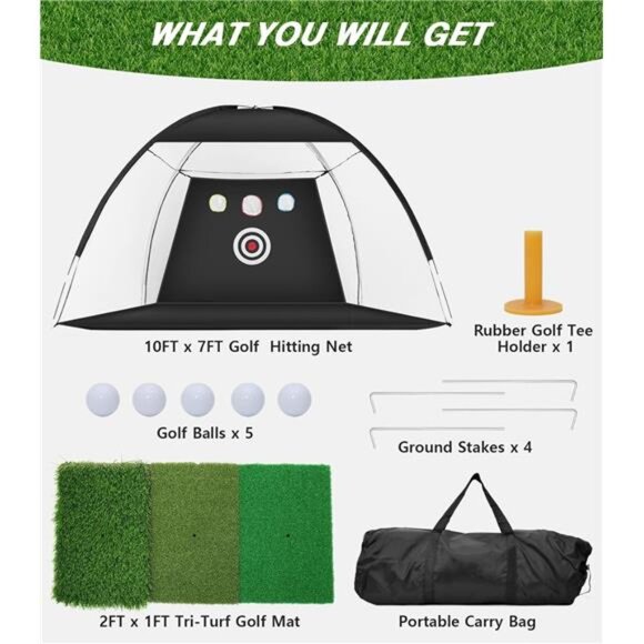 Golf Net, 10x7ft Golf Practice Net with Tri-Turf Golf Mat, All in 1 Home Golf - Picture 7 of 8